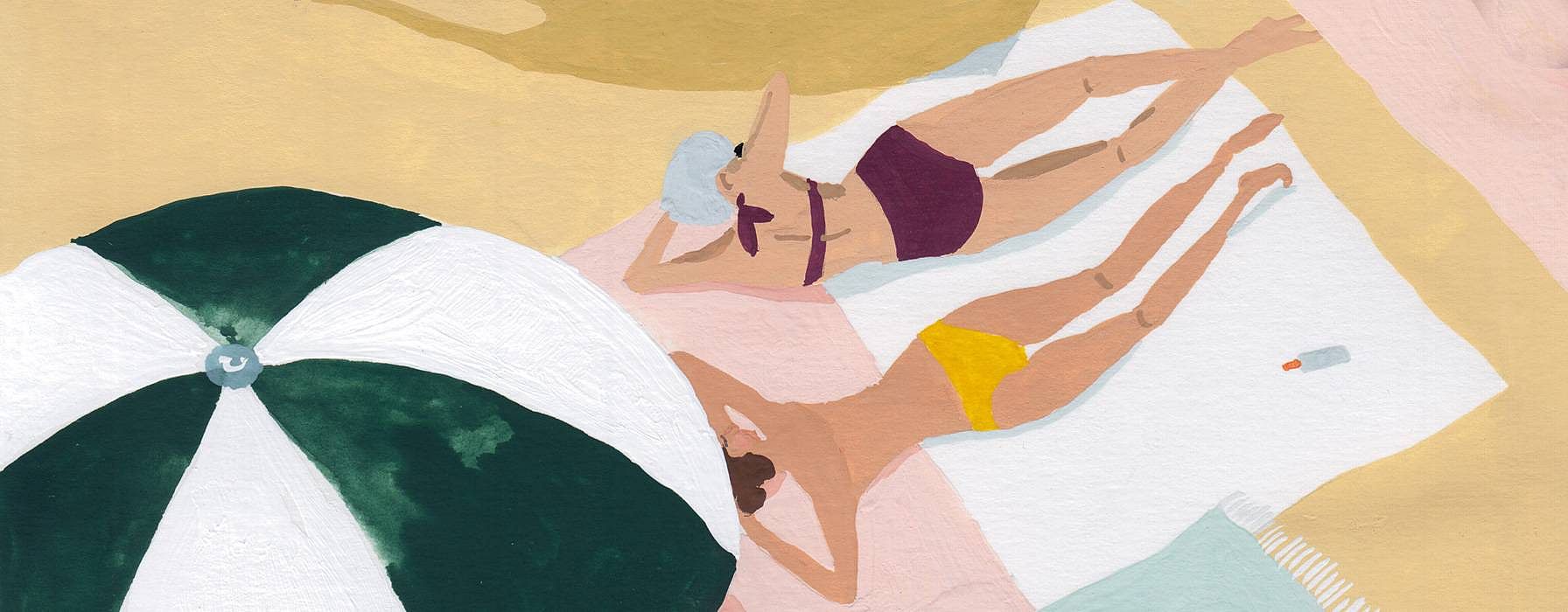 disegno di ragazze sdraiate in spiaggia sotto un ombrellone