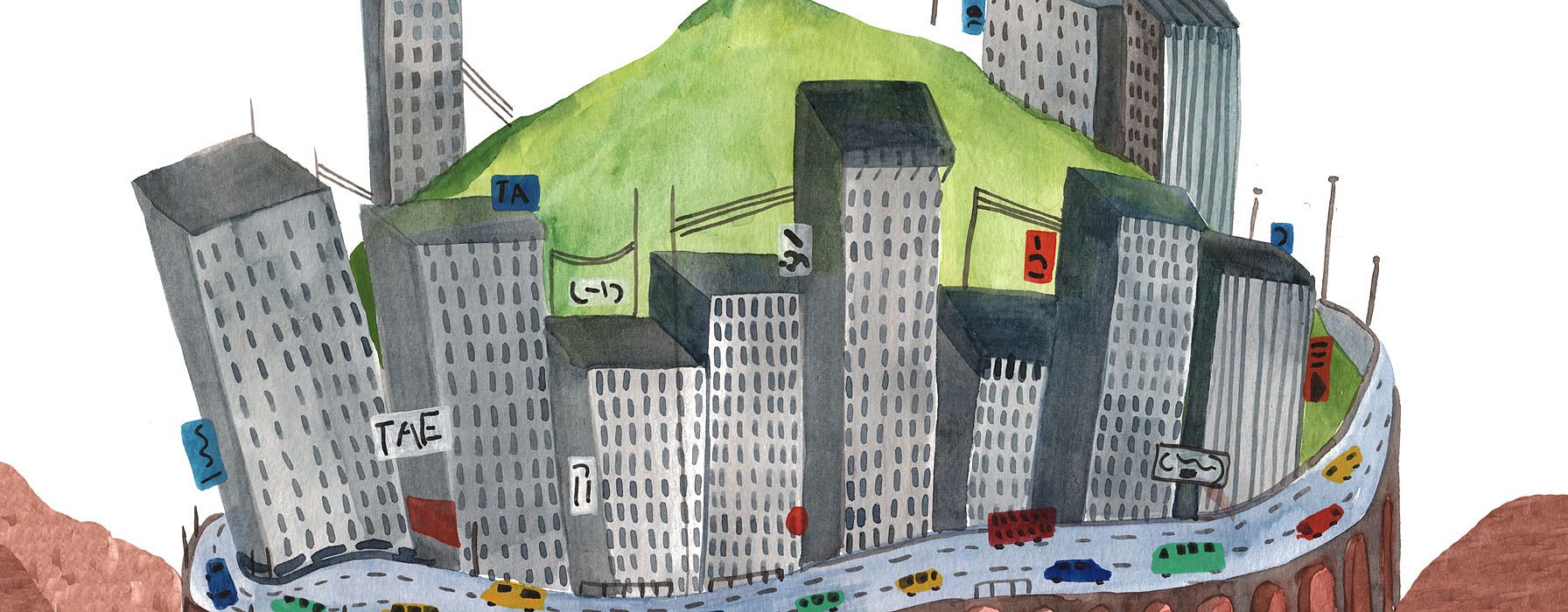 Disegno di un insieme di palazzi su una collina