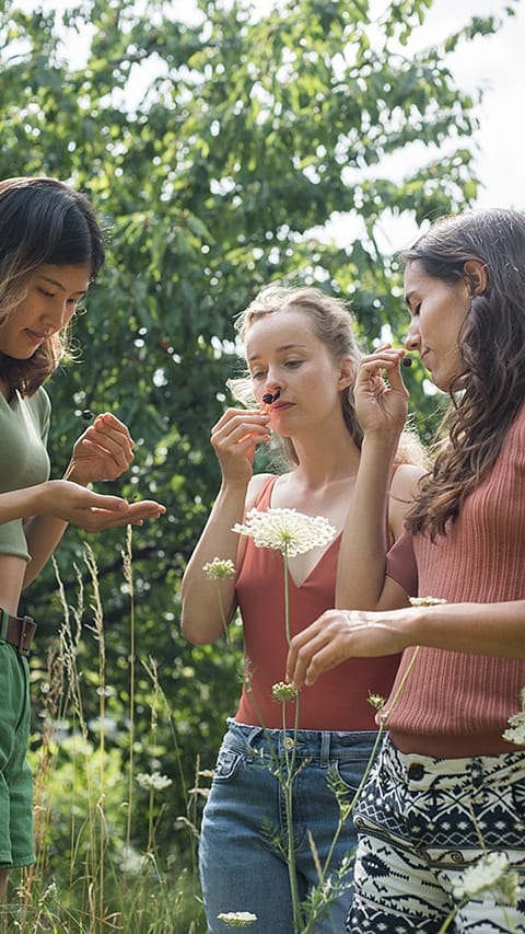 Un gruppo di ragazze all'aperto annusa delle bacche viola in mezzo ai fiori