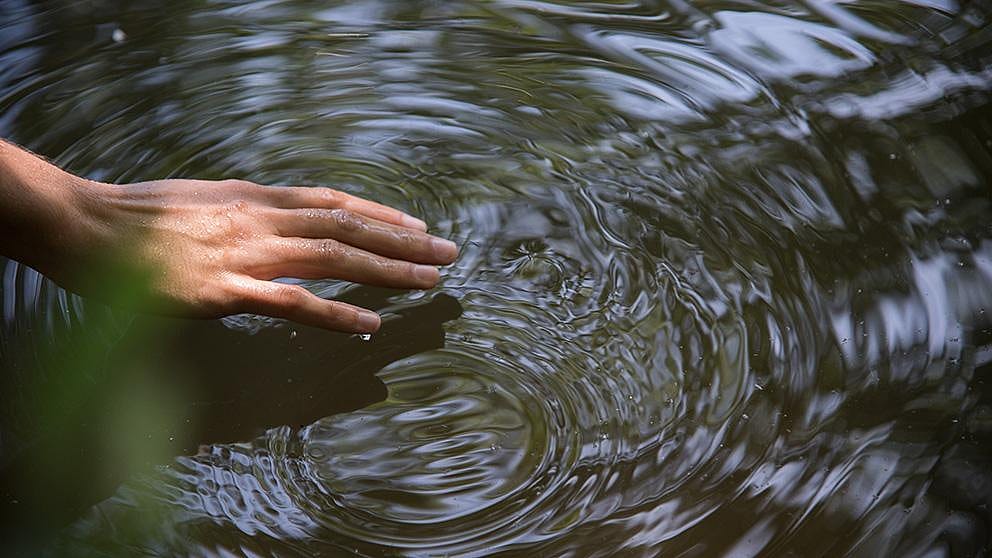 La mano tocca un corso d'acqua creando un ombra al di sotto