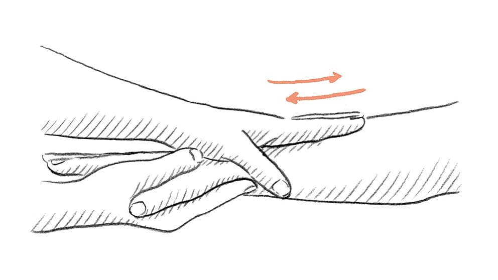 Disegno del massaggio mani: Massaggiate con un movimento circolare il gomito e tornate verso la punta delle dita