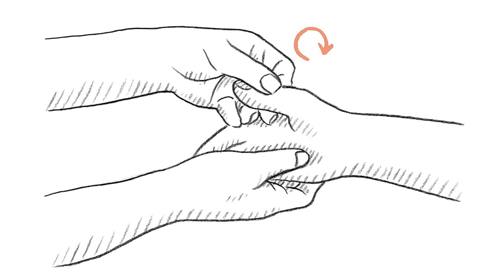Disegno del massaggio mani: Massaggiare ogni dito singolarmente.