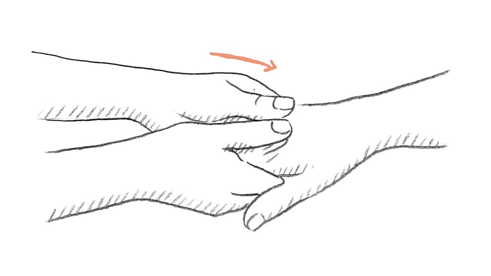 Disegno del massaggio mani: Accarezzare i tendini sul dorso della mano.