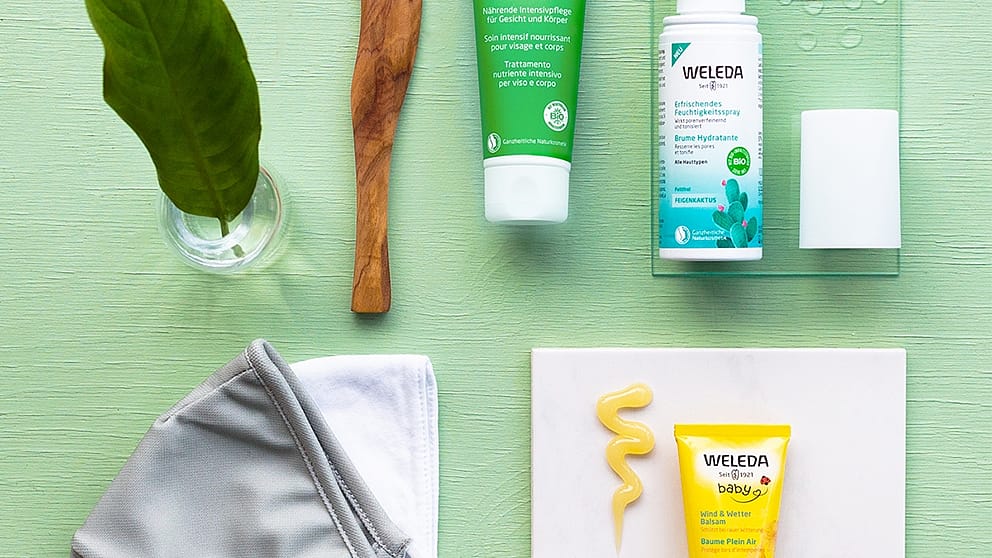 Set di skincare Weleda, prodotto baby, opuntia e skin food