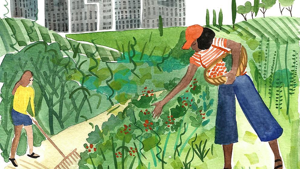 Disegno di due ragazze che curano la natura vicino la città